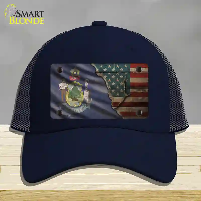 Maine/American Flag Novelty License Plate Hat Mesh / Navy