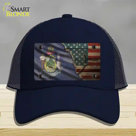 Maine/American Flag Novelty License Plate Hat Mesh / Navy