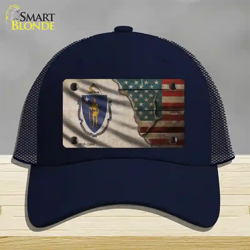 Massachusetts/American Flag Novelty License Plate Hat Mesh / Navy