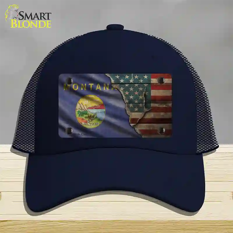 Montana/American Flag Novelty License Plate Hat Mesh / Navy