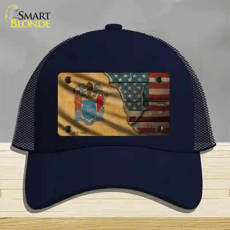 New Jersey/American Flag Novelty License Plate Hat Mesh / Navy