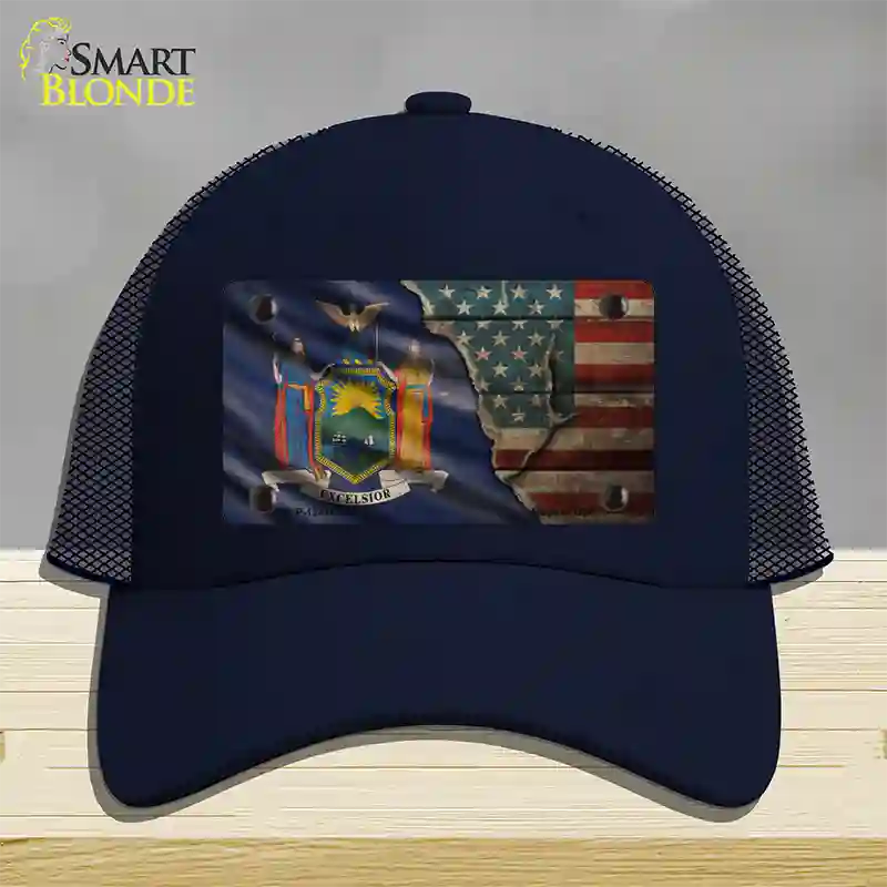 New York/American Flag Novelty License Plate Hat Mesh / Navy