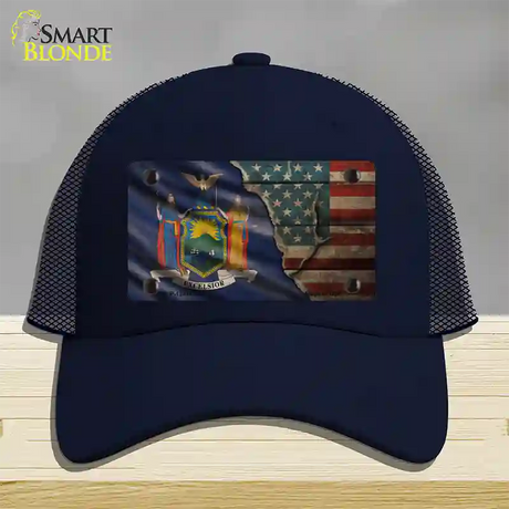 New York/American Flag Novelty License Plate Hat Mesh / Navy