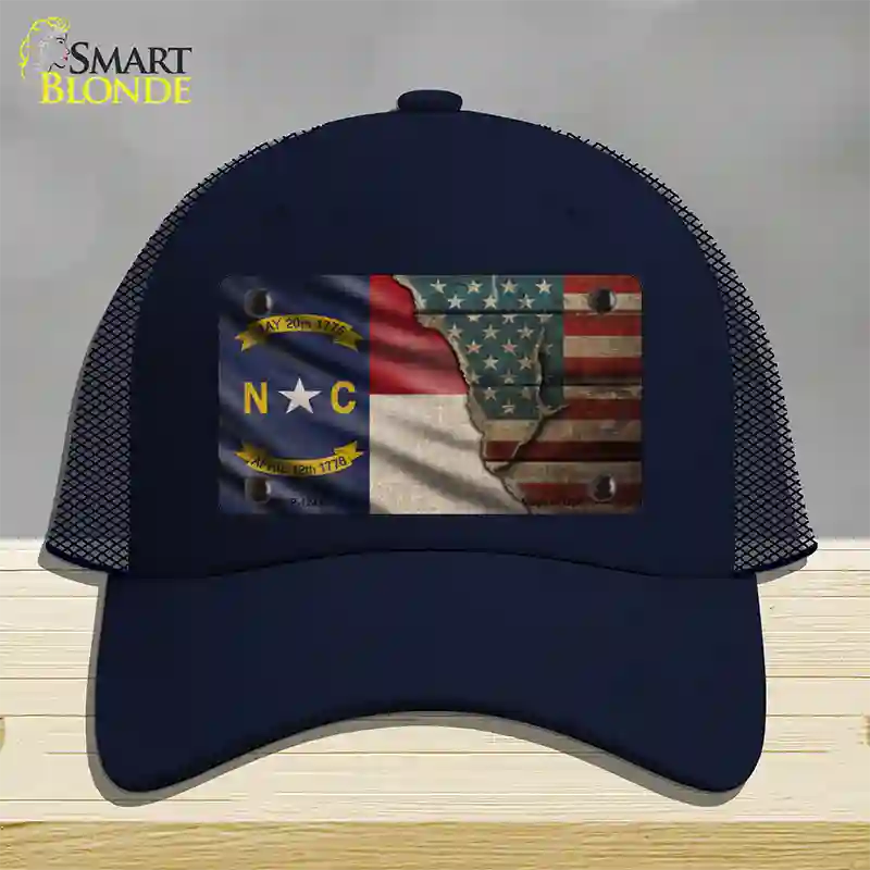 North Carolina/American Flag Novelty License Plate Hat Mesh / Navy