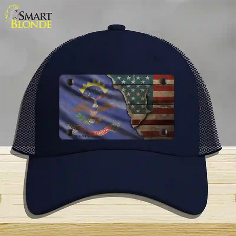 North Dakota/American Flag Novelty License Plate Hat Mesh / Navy