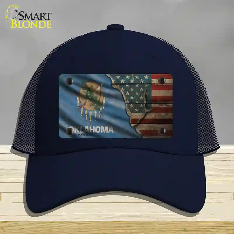 Oklahoma/American Flag Novelty License Plate Hat Mesh / Navy