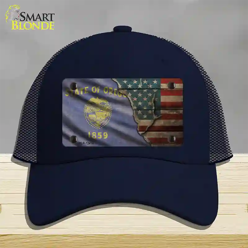 Oregon/American Flag Novelty License Plate Hat Mesh / Navy