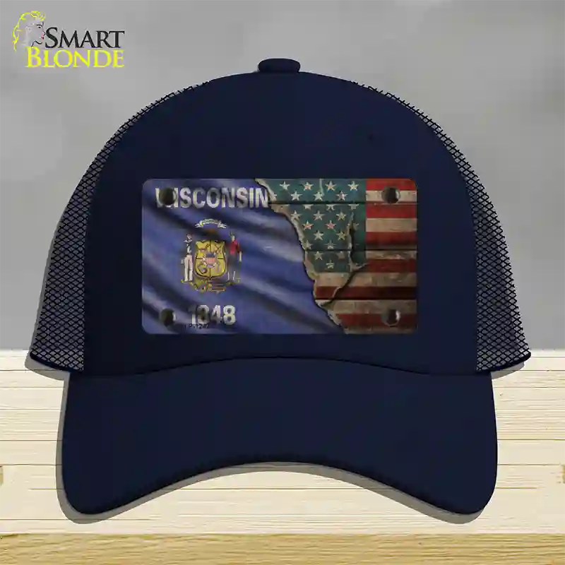 Wisconsin/American Flag Novelty License Plate Hat Mesh / Navy