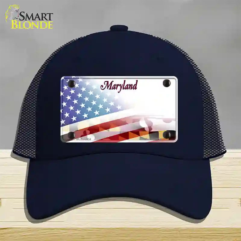 Maryland State with American Flag Novelty License Plate Hat Mesh / Navy