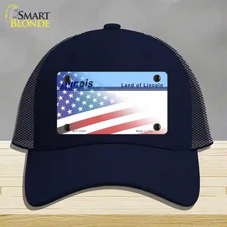 Illinois Lincoln with American Flag Novelty License Plate Hat Mesh / Navy