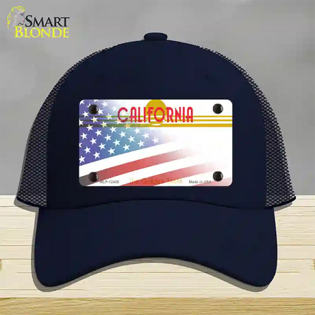 California Golden with American Flag Novelty License Plate Hat Mesh / Navy