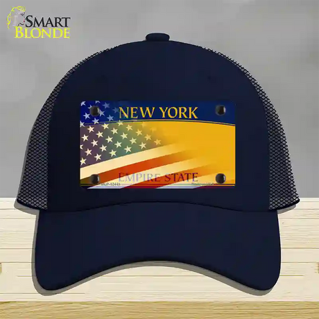 New York Yellow with American Flag Novelty License Plate Hat Mesh / Navy