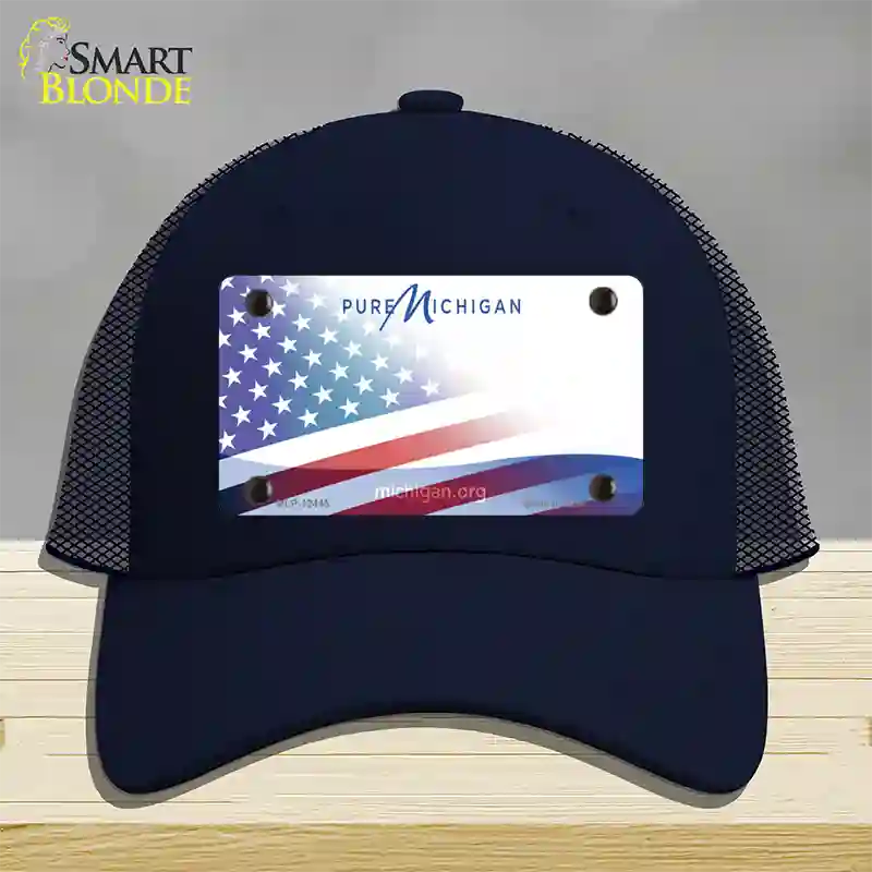 Pure Michigan Plate American Flag Novelty License Plate Hat Mesh / Navy