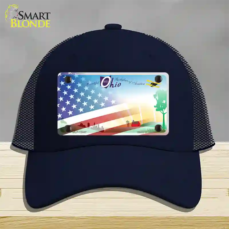 Ohio Birthplace with American Flag Novelty License Plate Hat Mesh / Navy