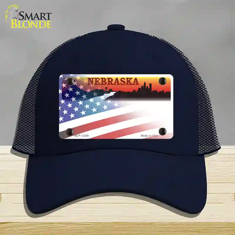 Nebraska Amber with American Flag Novelty License Plate Hat Mesh / Navy