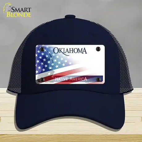 Oklahoma Bow with American Flag Novelty License Plate Hat Mesh / Navy