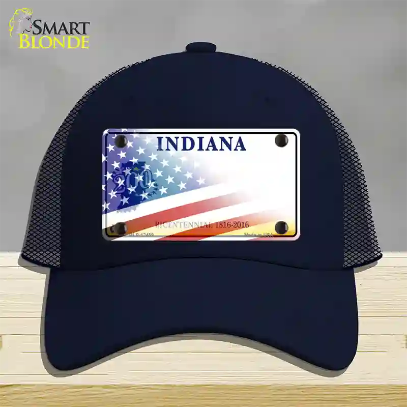 Indiana Bicentennial with American Flag Novelty License Plate Hat Mesh / Navy