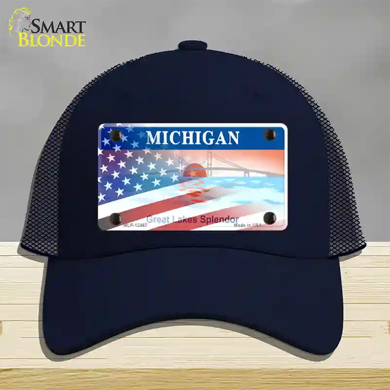 Michigan Splendor with American Flag Novelty License Plate Hat Mesh / Navy