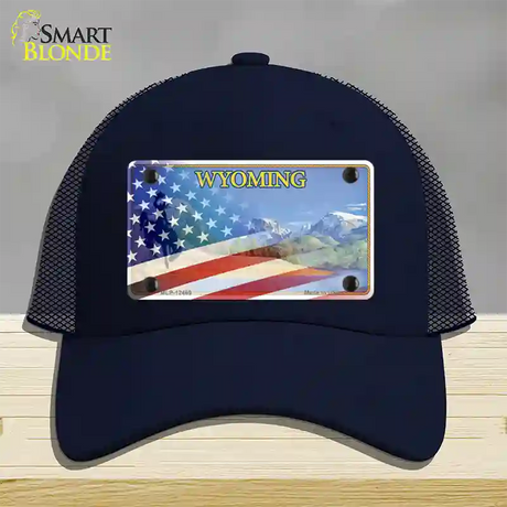 Wyoming State with American Flag Novelty License Plate Hat Mesh / Navy