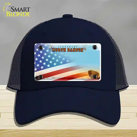 North Dakota Legendary with American Flag Novelty License Plate Hat Mesh / Navy