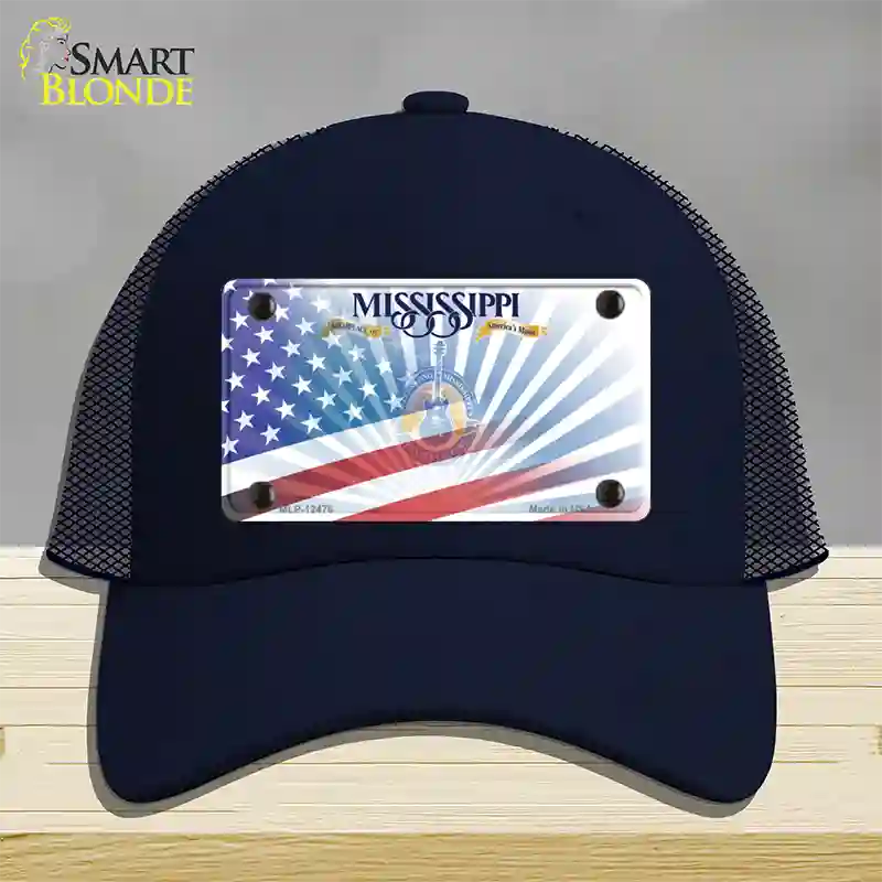 Mississippi Blue with American Flag Novelty License Plate Hat Mesh / Navy