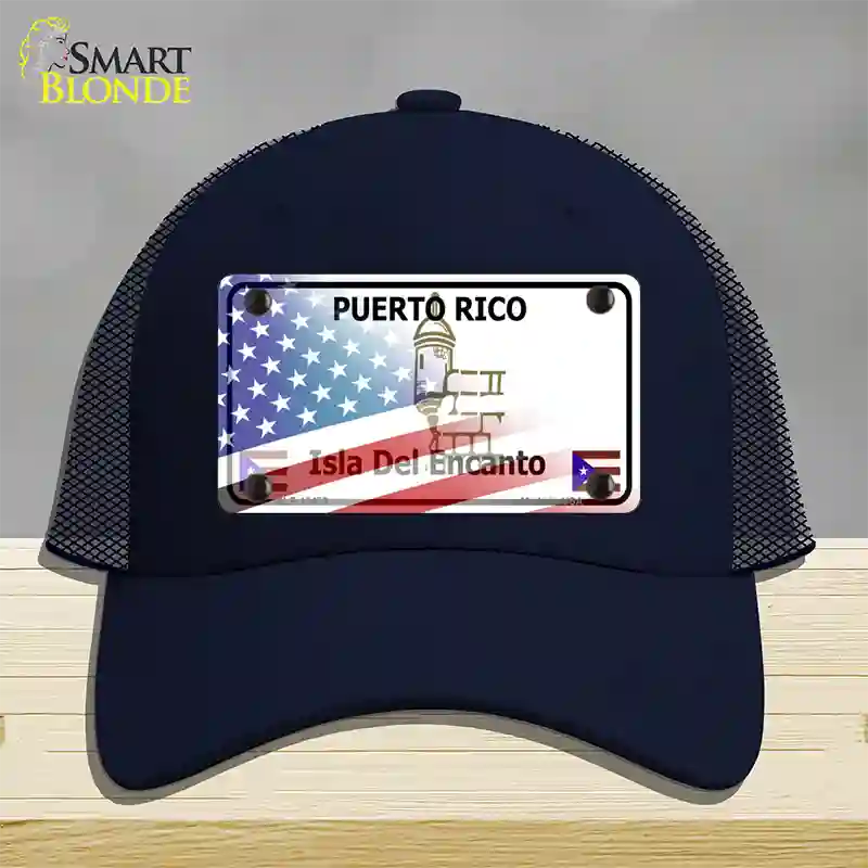 Puerto Rico with American Flag Novelty License Plate Hat Mesh / Navy