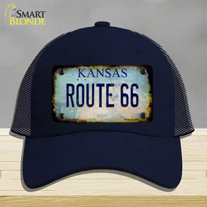 Route 66 Kansas Rusty Novelty License Plate Hat Mesh / Navy