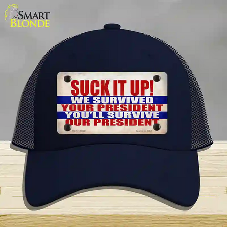 Suck It Up We Survived Novelty License Plate Hat Mesh / Navy