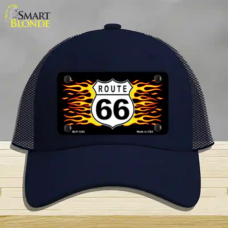 Route 66 Flames Novelty License Plate Hat Mesh / Navy