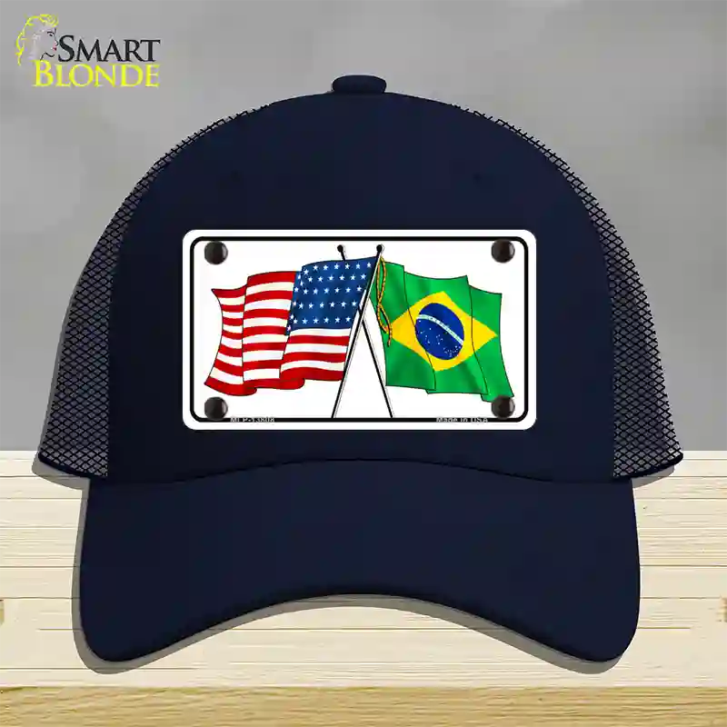 Brazil USA Crossed Flags Novelty License Plate Hat Tag Mesh / Navy