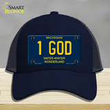 1 God Michigan Blue Novelty License Plate Hat Mesh / Navy