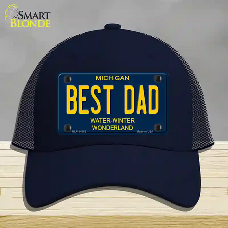 Best Dad Michigan Blue Novelty License Plate Hat Mesh / Navy