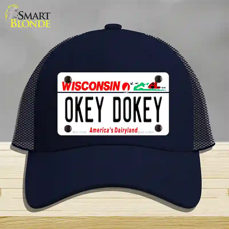 Okey Dokey Wisconsin State Background Novelty License Plate Hat Mesh / Navy