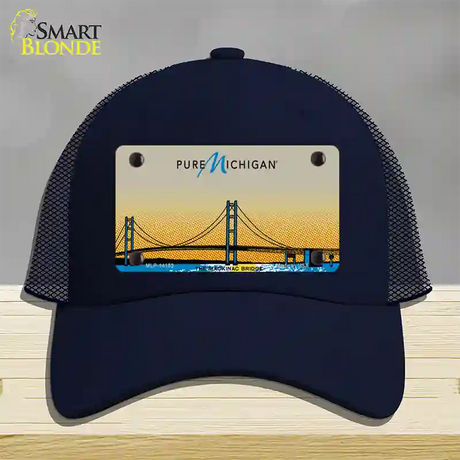 Pure Michigan Mackinac Bridge Novelty License Plate Hat Mesh / Navy