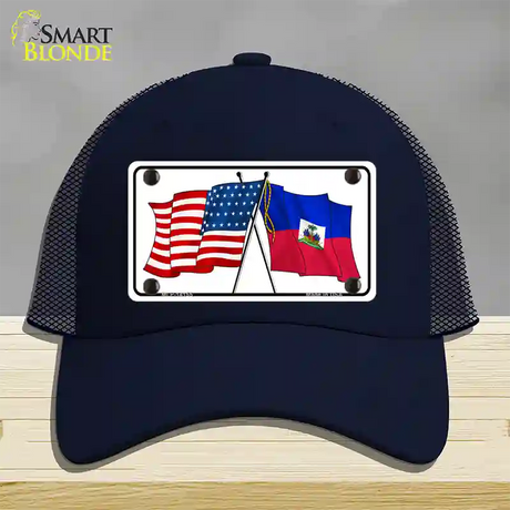 Haiti Crossed US Flag Novelty License Plate Hat Mesh / Navy