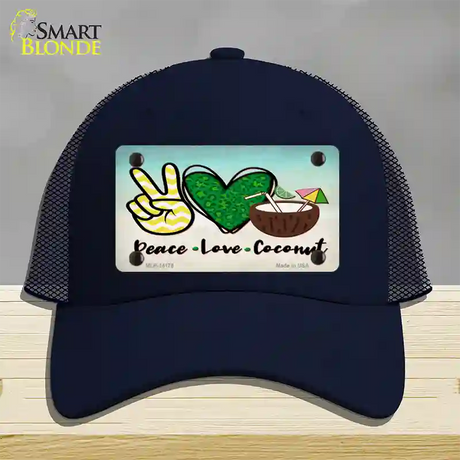 Peace Love Coconut Novelty License Plate Hat Mesh / Navy