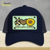 Peace Love Summer Sunflower Novelty License Plate Hat Mesh / Navy