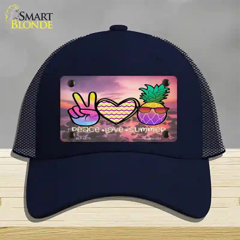 Peace Love Summer Pineapple BeachNovelty License Plate Hat Mesh / Navy