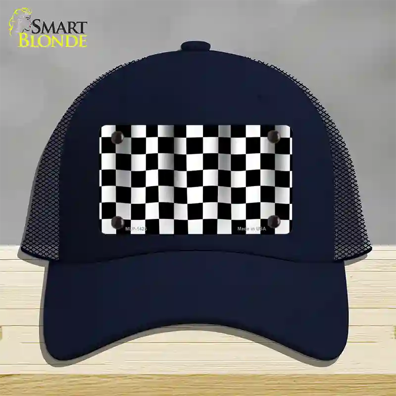 Waving Checkered Flag Novelty License Plate Hat Mesh / Navy