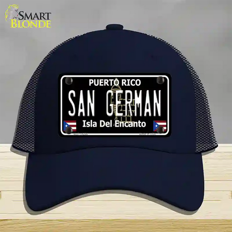 San German Puerto Rico Black Novelty License Plate Hat Mesh / Navy