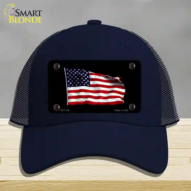 Waving American Flag Black Novelty License Plate Hat Mesh / Navy