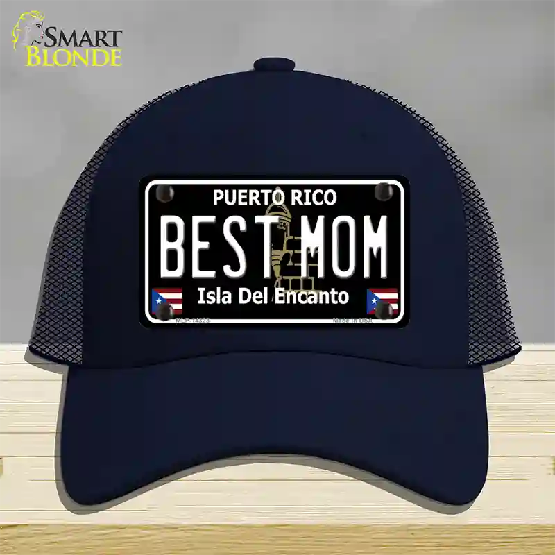 Best Mom Puerto Rico Black Novelty License Plate Hat Mesh / Navy