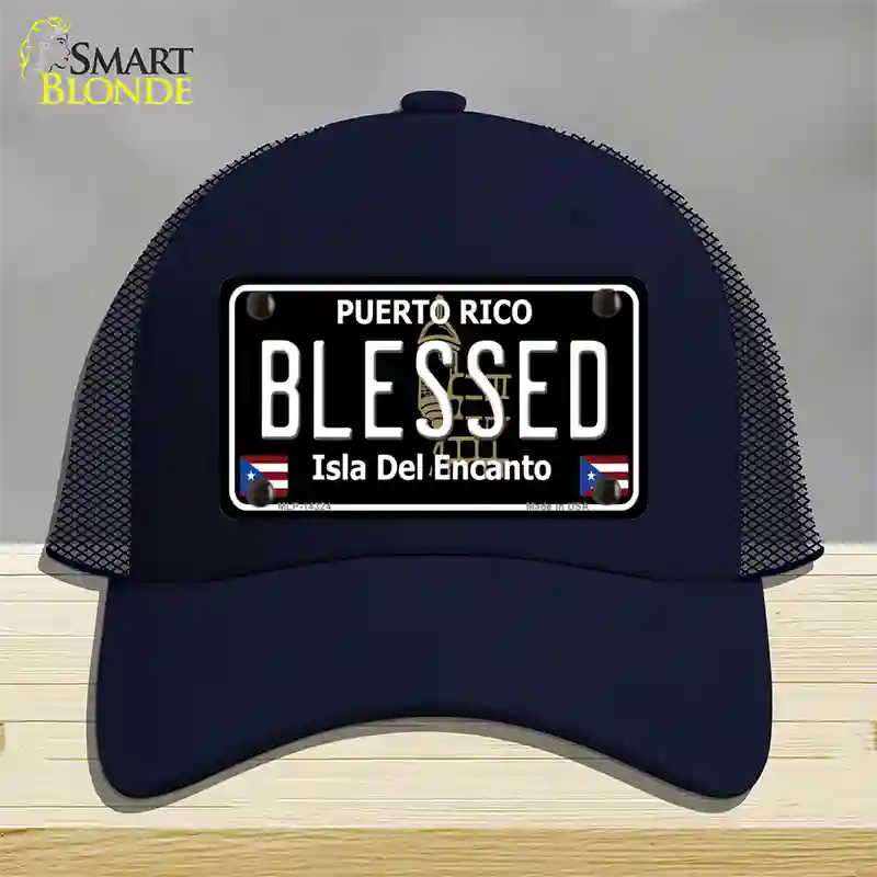 Blessed Puerto Rico Black Novelty License Plate Hat Mesh / Navy