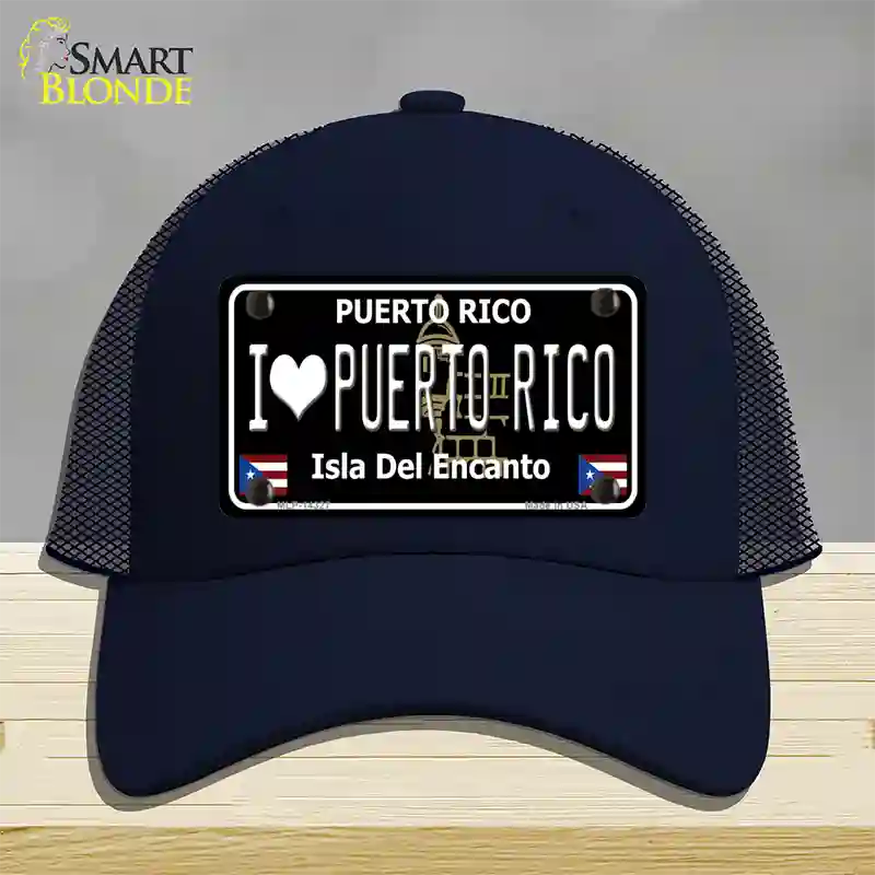 I Love Puerto Rico Black Novelty License Plate Hat Mesh / Navy