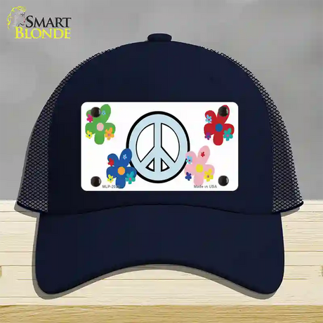 Peace Sign and Flowers Novelty License Plate Hat Mesh / Navy