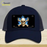 Blue Flame And Crossbones Novelty License Plate Hat Mesh / Navy