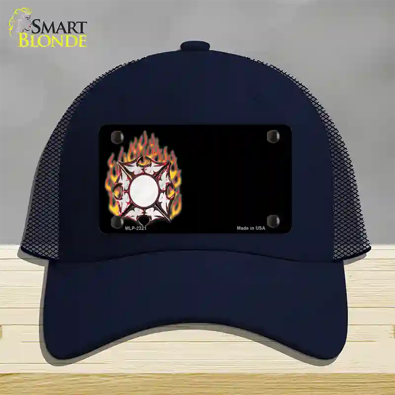 Fire Cross Offset Flat Novelty License Plate Hat Mesh / Navy