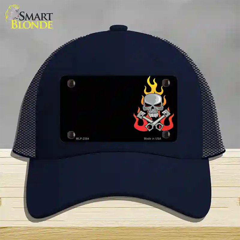 Gear Head Skull Offset Novelty License Plate Hat Mesh / Navy