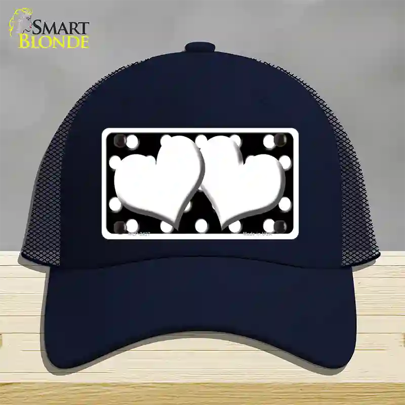 White Black Polka Dot Black Center Hearts Novelty License Plate Hat Mesh / Navy