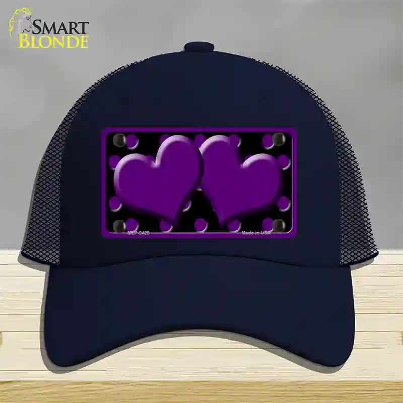 Purple Black Polka Dot Purple Center Hearts Novelty License Plate Hat Mesh / Navy